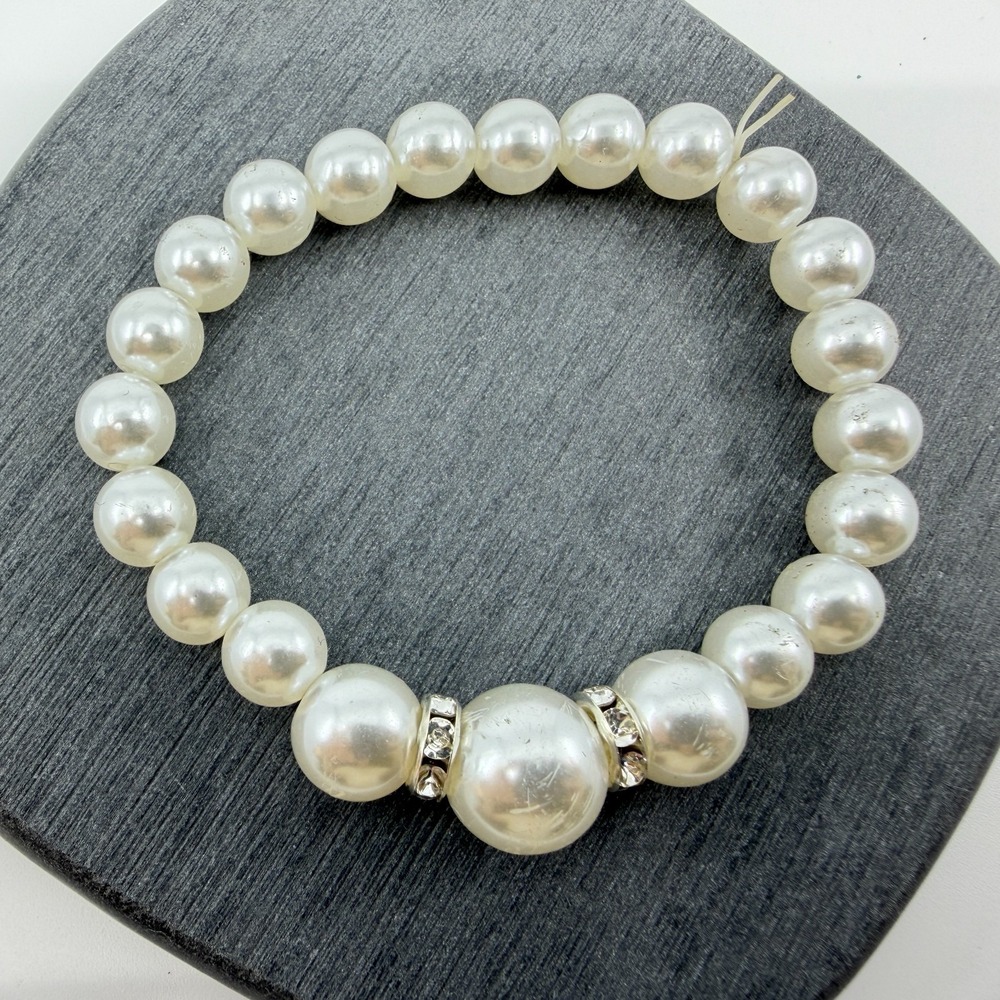 White Faux Pearl Stretch Bracelet with Rhinestone Accents Statement Jewelry Gift